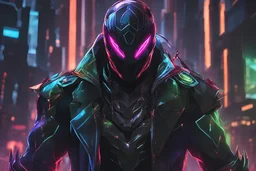 Man with RGB cyber mask in 8k solo leveling shadow artstyle, Crystal and Symbiote them, neon effect , magic circle, close picture, full body, apocalypse, intricate details, highly detailed, high details, detailed portrait, masterpiece,ultra detailed, ultra quality