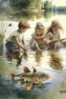 four kids SWIMMING AND PLAYING on beautiful lake . one of them cooking fish and the other three playing on a by Jean-Baptiste Monge, highly detailed, lighting, very attractive, beautiful, high detail, award winning, hyper-realistic, high definition, crisp quality, watercolor highly detailed Award winning photography photorealistic