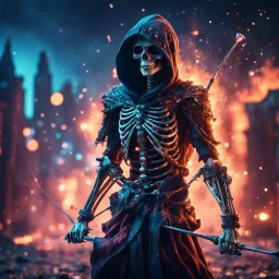 hooded skeleton archer covered with glowing crystals, fire particles in air, destroyed city in background, night, bright colors, glowing sparkle particles, dark tone, sharp focus, high contrast, 8k, incredible depth, depth of field, dramatic lighting, beautifully intricate details, clean environment, epic dynamic scene