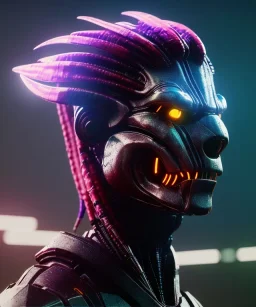 A predator cyborg alien,sci-fi style,strong,muscular,cinematic lights,purple and fire colours,rasta long hair,8k.