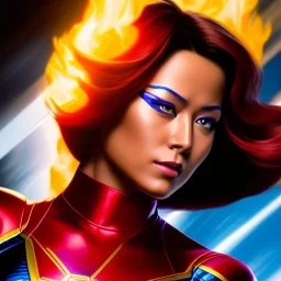 Ultra detailed fullbody Portrait in oil on canvas of X-men -beautiful miss Marvel on fire,extremely detailed digital painting,ultrarealistic skin,intense stare, extremely detailed face, crystal clear eyes, mystical colors ,perfectly centered image, perfect composition, rim light, beautiful lighting,masterpiece ,8k, stunning scene, raytracing, anatomically correct, in the style of uncannyknack and Ohrai Noriyoshi and robert e howard and Steve Jung and Wizyakuza.