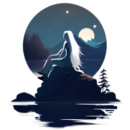 Afraid woman sitting on a rock on the moonlight