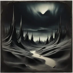 Dark creepy landscape, strong texture artistic polaroid volumetric light, Yves Tanguy, 8k 3d abstractism