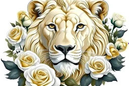 realistic blonde lion in white roses