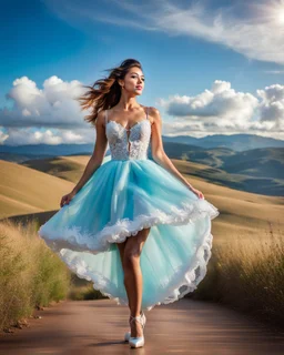 full-body closeup shot of a young, beautiful girl with a perfect face and makeup,wearing pretty dance dress standing in a stage in open air nice hills , blue sky ,pretty clouds at distant