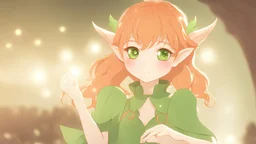 Cute Elf with orange hair and glowing green eyes She wears a light green dress