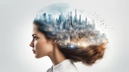 white background, Magical secret on the top of a woman's head, in her hair, double exposure, high resolution, fine rendering, high detail, 3D, city on her head, fantasy,