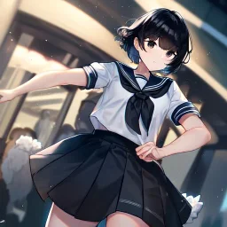 Clear focus, High resolution, short black hair, black eyes, wearing a sailor uniform, rough line, frowning, chopped bangs, fluffy hair, long white socks