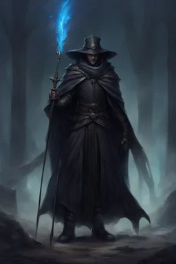 The commander wears a black cloak and a long coat with long combat boots and a long spear with a hat under his cloak with blue flame eyes, a sword like a spear