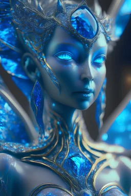 transparent olivine gemstone beauty queen Seraph, in blue fire chrome casino, high detail, 8k, cinematic, depth of field, art