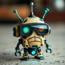 A brutal mini communications robot with antennas and holographic glasses, a frown, eyes glowing in different colors. Transmits signals. The style is futuristic. Colors: sand, black and turquoise.