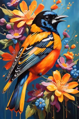 vibrant and energetic painting featuring a Baltimore Oriole a side profile, adorned with an array of colorful flowers. The bird's eyes are detailed and expressive, capturing its lively spirit.