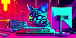 An alien, one-eyed cat, working on a computer, synthwave style