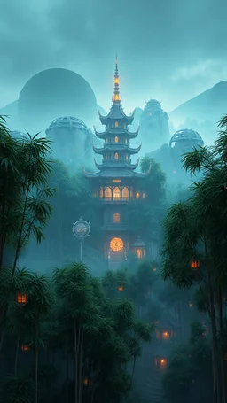 realistic photo of a landscape covered in bamboo trees that looks futuristic with futuristic lighting, ancient tower building in the middle