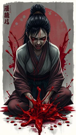 Tall girl samurai, face distorted with pain, screaming, tears streaming from eyes, siting pose, fullbody, splashes blood, behind guts rising from the ground, intricate, darkred tones, macro photography,