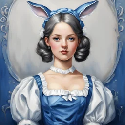 Maid with rabbit ears in blue and silver, background parlor, in enamel painting art style