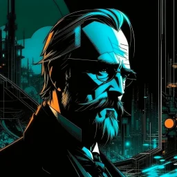 Best quality, masterpiece, ultra high definition,Futuristic, cyberpunk, Friedrich Nietzsche,Comic style
