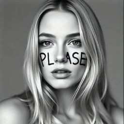 a blond model, it is written 'PLEASE' on her face, in the style of Henri Cartier-Bresson