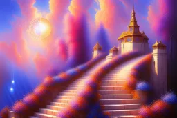 mystical long stairway up to heaven in the sky, beautiful colours, romanticism, fantasy, Neo-Impressionism, fine art