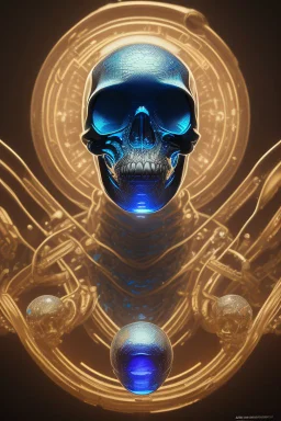 A glass headed skull with sapphire eys wearing a futuristic uniform, 8k resolution concept art portrait by Greg Rutkowski, Artgerm, WLOP, Alphonse Mucha Boris Vallejo H.R. Giger dynamic lighting hyperdetailed intricately detailed Splash art trending on Artstation vivid colors Unreal Engine 5 volumetric lighting