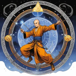 (in the style of Orion, by Masamune Shirow) a Shaolin monk casting a magic spell in the middle of a pentacle, magic is in the air