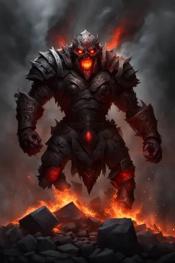 a golem made of broken bones. his eyes are made of embers and smoke. he is fighting Satan. blood, guts, gore. visceral.