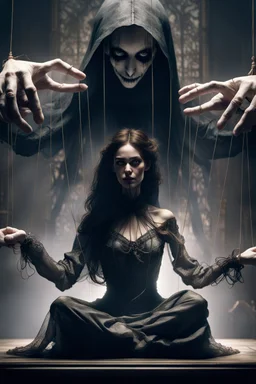 A dramatic digital mage of a woman seated on a table,facing to the front ,she is connected to string like a puppet, arms in air, moved by the strings, puppet like features in the face, beautiful face, behind her also facing the front is the puppet master,is a huge image of a man holding the strings, creepy gothic character,.zoomed in, dark and shadowy background with selective lighting on the woman, gothic and chaotic