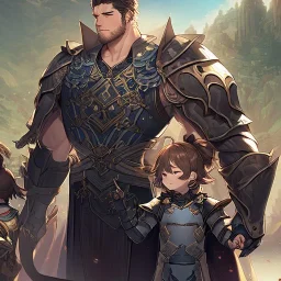 Boy wearing leather armor protecting family