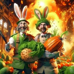 victory portrait of crazy cook and army officer holding huge carrots rockets inside grove with huge fluffy hare with mutations getting blasted by explosions, 4 k, down-light, soft light, depth of field, photo realism, trending on art station, high detail, spray paint