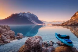 highly detailed glacial lake landscape, sunset, cinematic lighting, 4k, 8k, octane render, trending on 500px, pinterest, extremely detailed, ambient lighting, single frame, tiny kayak on rock pebble beach in foreground