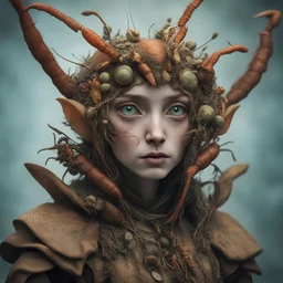a close up of a person wearing a costume, a character portrait by Wendy Froud, zbrush central contest winner, pop surrealism, biomorphic, zbrush, made of insects, shot with Sony Alpha a9 Il and Sony FE 200-600mm f/5.6-6.3 G OSS lens, natural light, hyper realistic photograph, ultra detailed -ar 3:2 -q 2 -s 750