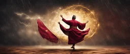 Hyper Realistic Sufi Whirling with Golden & Maroon Islamic Sufi Rustic Grungy Background with thunderstorm at heavy rainy night