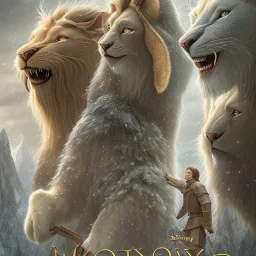 Chronicles of Narnia, Aslan and Lucy, movie poster, C.S. Lewis, 8k resolution, high-quality, fine-detail, iridescent, intricate, digital art, detailed matte, volumetric lighting, beautiful, illustration, 3D octane render, brian froud, howard lyon, selina french, anna dittmann, annie stokes, lisa parker, greg rutowski,