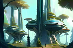 Futuristic buildings near the trees, sci-fi, concept art, claude monet influence, realistic painting