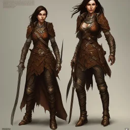 dungeons and dragons, female human, druid, brown hair, brown eyes, full body, realistic face, short hair, hair tied back, large nose, closed mouth, leather armor, face scars, tan skin