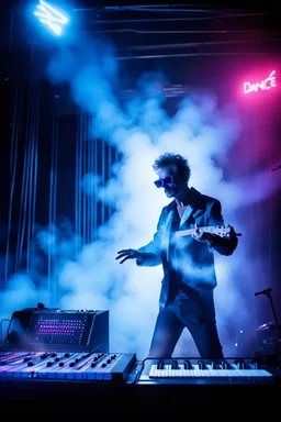 French musical man, he is called "Jean-Maurice Brûlée" performing at dance club, his name is "Jean-Maurice Brûlée" , white and blue Neon lights and smog, and "URANIUM" big sign on the wall, he is playing on synthesizers on stage with lot of laser beams and wearing black sunglasses