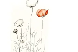 Minimalist ink pencil and charcoal drawing of poppies