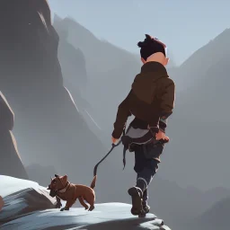 little boy walking on a moutain with a dog