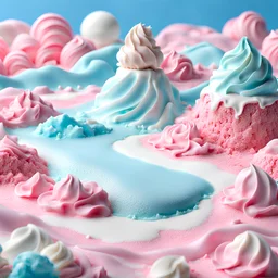 detailed peaceful landscape made of cake frosting, cotton candy, ice cream, strong texture, extreme detail, octane render