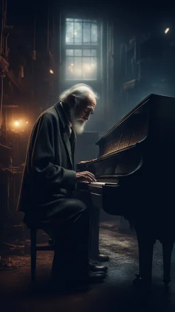 Si-Fi,an old man playing the piano ,a atmospheric lighting effects, intricate industrial details, moody atmosphere, eerie grimdark ambiance, complex motherboard accents, speculative fiction art. Bokeh