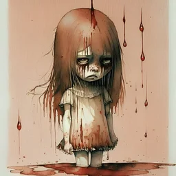 body anormal, cry blood, girl cute, watercolor illustration by <John Kenn Mortensen>, darkred tones,