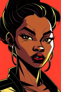 Black Female Stud, comic book style ,2d drawing, logo style, simple , clean lines, vibrant colour