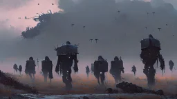 marching machine soldiers, creepy landscape, techno gothic visual composition, science fiction painting, Denis Sarazhin, Quint Buchholz, Simon Stålenhag, Neil Blomkamp, Christopher Shy, Alejandro Burdisio, RAW, gritty high contrast, atmospheric horror, unsettling art, dark palette, harsh colour