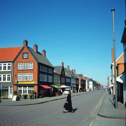 Fotografia di strada assurda e falsa orripilante blu weirdcore dai colori vivaci. Denmark town. Yves Tanguy. Non luogo falso, inusuale. Max Ernst. Le case sono false e dipinte di nero chiaro con cose stilizzate e dettagli. Ci sono finestrelle false quadrate, che danno un senso distopico e molto surreale, disposte in modo casuale. L'atmosfera generale sembra noiosa e onirica, con un contrasto tra elementi reali ed elementi dipinti falsi, René Magritte, oddest things