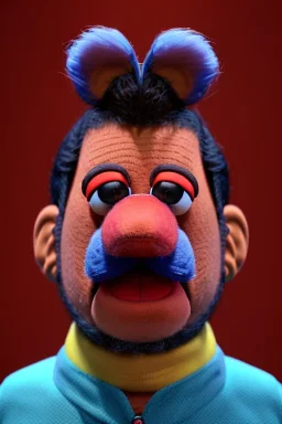 Waist up muppet Portrait, Nicolas maduro us muppet doll, Venezuelan president, tracksuit red blue and yellow, mustache, photo studio, red background, unreal engine 5, concept art, art station, ray tracing, lumen lighting, ultra detail, volumetric lighting, 3d.