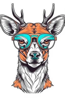 DEER wearing sunglasses, Style: Retro 80s, Mood: Groovy, T-shirt design graphic, vector, contour, white background.