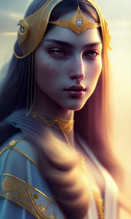 Arab princess She wears a veil , cute, beautiful, long hair, wavy hair, black eyes, head and shoulders portrait, cinematic, 8k, resolution concept art portrait by Greg Rutkowski, Artgerm, WLOP, Alphonse Mucha dynamic lighting hyperdetailed intricately detailed