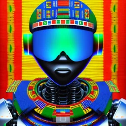 robot portrait in Kente, cinematic, ghana flag, african pattern symbols, engraved, 8k quality