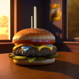 Delicious realistic cheeseburger, sunset, light from window, shiney texture, unreal engine 5, 8k resolution, photorealistic, ultra detailed, by greg rutowski