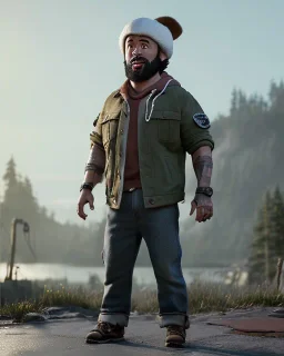 A short guy with a round head and big muscles wearing a net undershirt, a jacket, and a beanie that does not cover the ears. He has a small chain around his neck, baggy pants, and white wooden shoes.